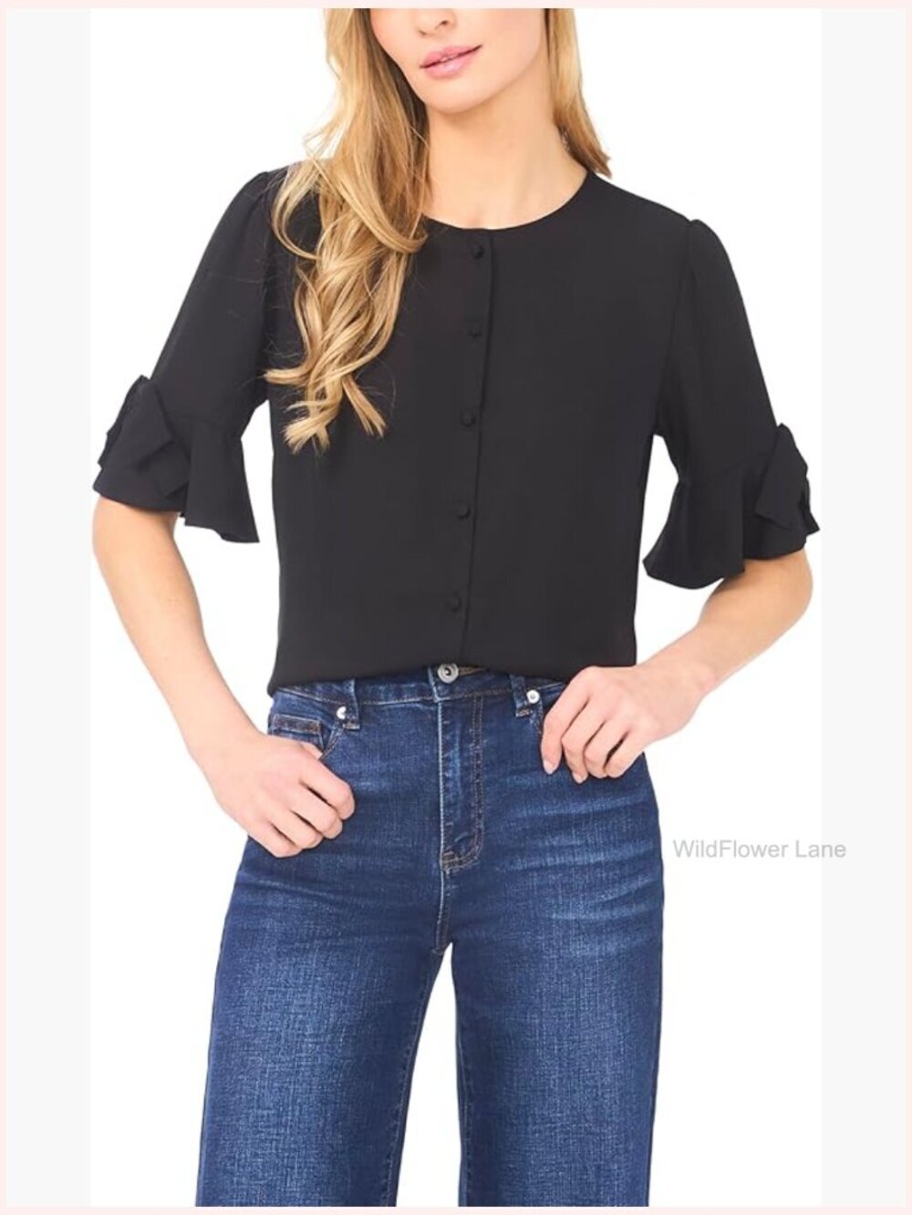 Flounce Elbow Bow Sleeve Button Down Top - Regular Fit Blouse